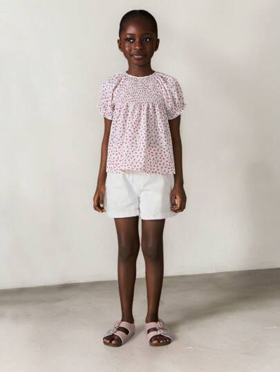 SHEIN Young Girls' Ditsy Floral Puff Sleeve Casual Shirt For Vacation