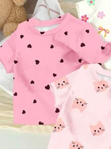 SHEIN 3pcs/Set Young Girls Casual Cute Cat, Flower, Heart Print Round Neck Short Sleeve T-Shirts, Suitable For Summer - Multicolor - View 5