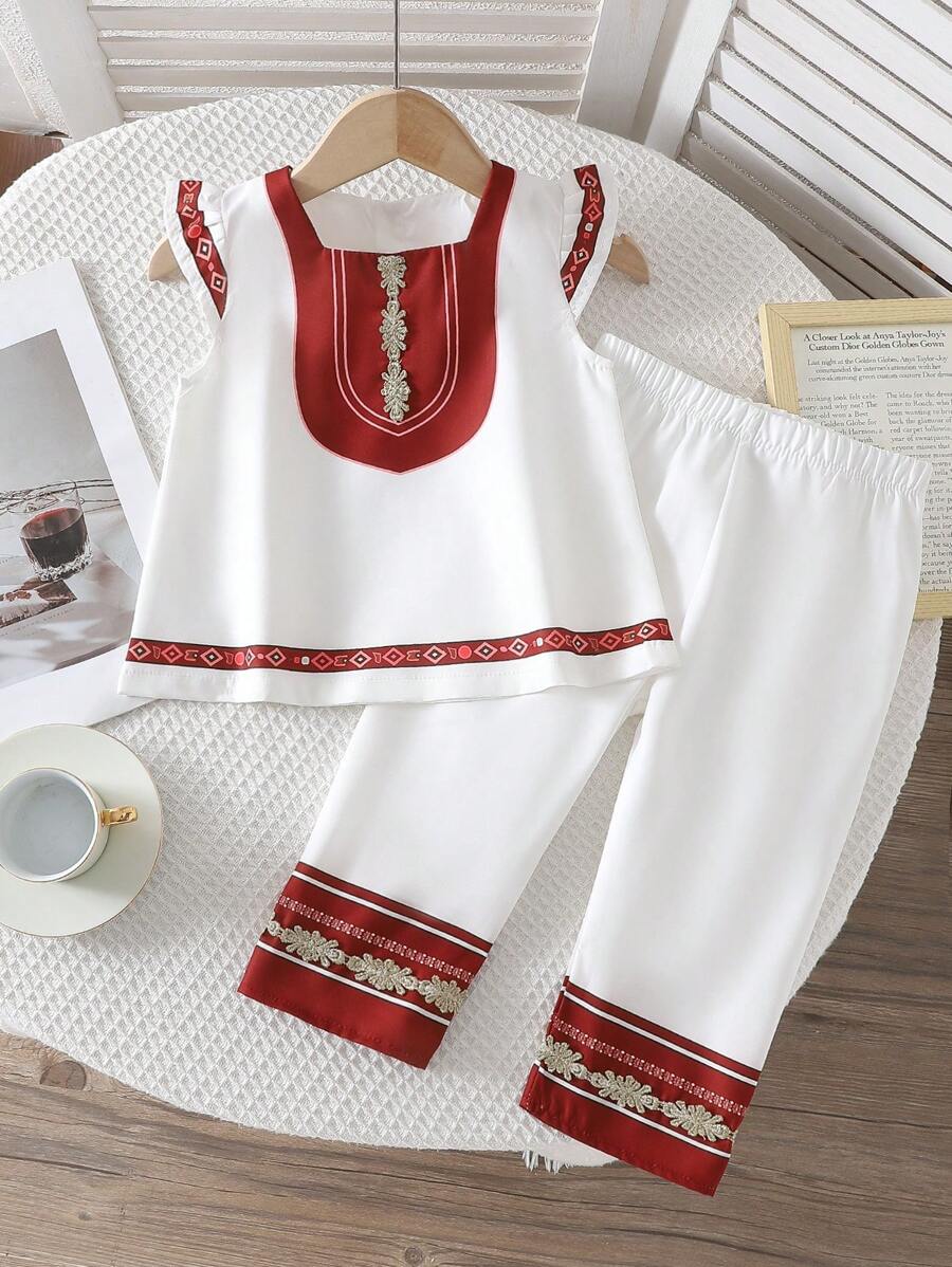 SHEIN 女婴杏色和红色花卉印花前系带背心和裤子 2 件套服装，夏季 - 白色 - 查看 1