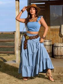 Breezaya Plus Size Women Western Wear Denim Ruffle Trim Casual Top