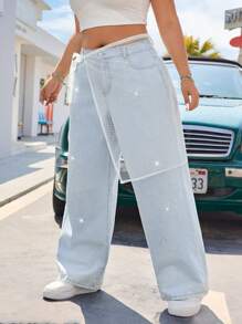SHEIN EZwear Plus Size Mulheres Bolso Coração Strass Decoração Perna Larga Relaxed Fit Jeans - Lavagem leve - Ver 4