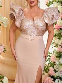Glamrae Plus Size Elegante Luxe Formele Jurk, Bruiloftsgastjurk Met Overdreven Geplooide Kraag, Getailleerde Taille, Jacquardstof, Contrasterende Panelen, Hoge Split, En Uitlopende Sleepzoom, Geschikt Voor Avondbanket, Feestjurk