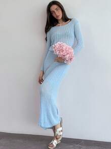 Aloruh 2 件女式纯色圆领长袖毛衣和长款针织 A 字裙套装，合身 - 彩色 - 查看 6