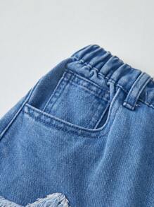 Tween Girl Star Pattern Minimalist Fashion Denim Shorts - Medium Wash - View 5