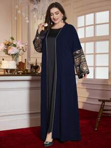 Al Najma Abaya para mujer de talla grande con bordado y puntada de hilo dorado, túnica modesta - Azul Marino - Ver 6