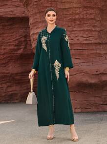 Layrah Handmade Moroccan Style Rhinestone Embellished Long Dress With Hood Kaftan Jalabiya Dress - Dark Green - View 6
