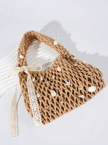 ROMWE Fairycore 1 Set Khaki Color Ocean Shell Starfish Woven Beach Tote Bag With Accessories, Fashion & Personalized Beach Holiday Style Handbag For Women (Includes 1 Bag & 1 Set Of Accessories)