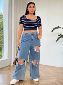 SHEIN EZwear Plus Size Casual Striped Short Sleeve T-Shirt, Summer - Blue - View 4