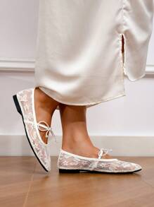 CUCCOO HITCHD Spring/Autumn 2025 New Arrival Wedding Style Mesh Mary Janes With Bow Decor, Solid Color Comfortable Casual Square Toe Flat Shoes, Versatile