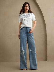 Anewsta Women's Crew Neck Short Sleeve Regular Length Elegant Sequin T-Shirt, Spring Summer For Women, Festival - White - View 4