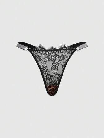 Goth Plus Size Dark Lace Leopard Print G-String With Silver Ribbon Straps