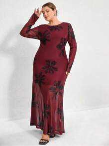 Aveloria Modichic Robe moulante à col ras-du-cou avec insert en maille à contraste rouge pour les femmes de grande taille