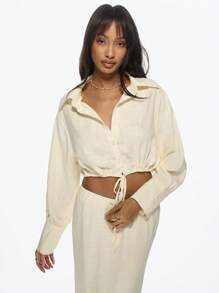 MISSGUIDED Lightweight Linen Button-Up Crop Blouse Long Sleeve Collared Summer Beach Resort Wear Breezy Casual Office Versatile Classic - Apricot - View 3