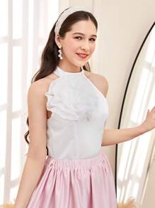 SHEIN Teen Girls Elegant Organza 3D Floral Stand Collar Sleeveless White Zipper Blouse For Teen Girls - White - View 5