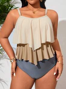 SHEIN Swim Curve Plus Size 2pcs Colorblock Knit High Waist Tankini Top & Bottom Set, Spaghetti Strap, Ruffled Hem, Slimming Mature Style Bikini - Multicolor - View 3