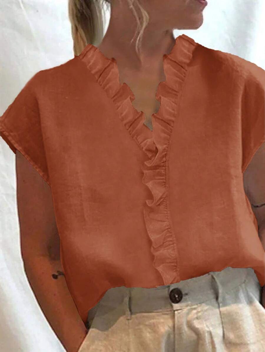 EMERY ROSE 女士纯色 V 领蝙蝠袖宽松衬衫 - 鏽棕色 - 查看 1