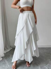 Elenzga Elegant Resort Solid Color Ruched Layered Elastic Waist Women Skirt Fall Cloth For Women - White - View 6