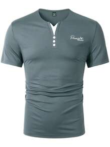 Manfinity Homme Áo thun nam tay ngắn in chữ đơn giản thường ngày - Màu xám chì - Xem 4