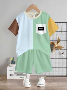 SHEIN 2pcs/Set Young Boys Casual Simple Color Block Pattern Round Neck Short Sleeve T-Shirt And Shorts Set, Suitable For Summer - Multicolor - View 2