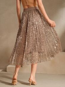 Anewsta Chân váy xếp ly dài cạp cao đính sequin kim loại thanh lịch, hiện đại cho lễ hội/đi chơi - Rỉ Nâu - Xem 3