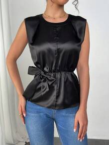 Chiquease 女式杏色收腰无袖衬衫，夏季 - 黑色 - 查看 4