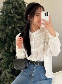 DAZY Áo sơ mi nữ cổ đứng, ren, màu trơn, tay dài, bèo nhún, quần áo mùa thu - trắng - Xem 6