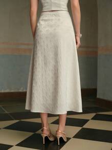 ZEYLAH Women's Textured Jacquard Diagonal Patchwork Seam A-Line Midi Skirt, Summer White Skirt - White - View 6