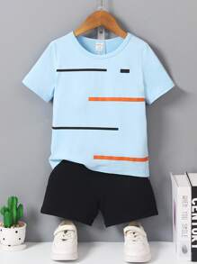 SHEIN Young Boy 2pcs Yellow Knitted Striped Print T-Shirt And Black Casual Knitted Sports Shorts Set For Summer