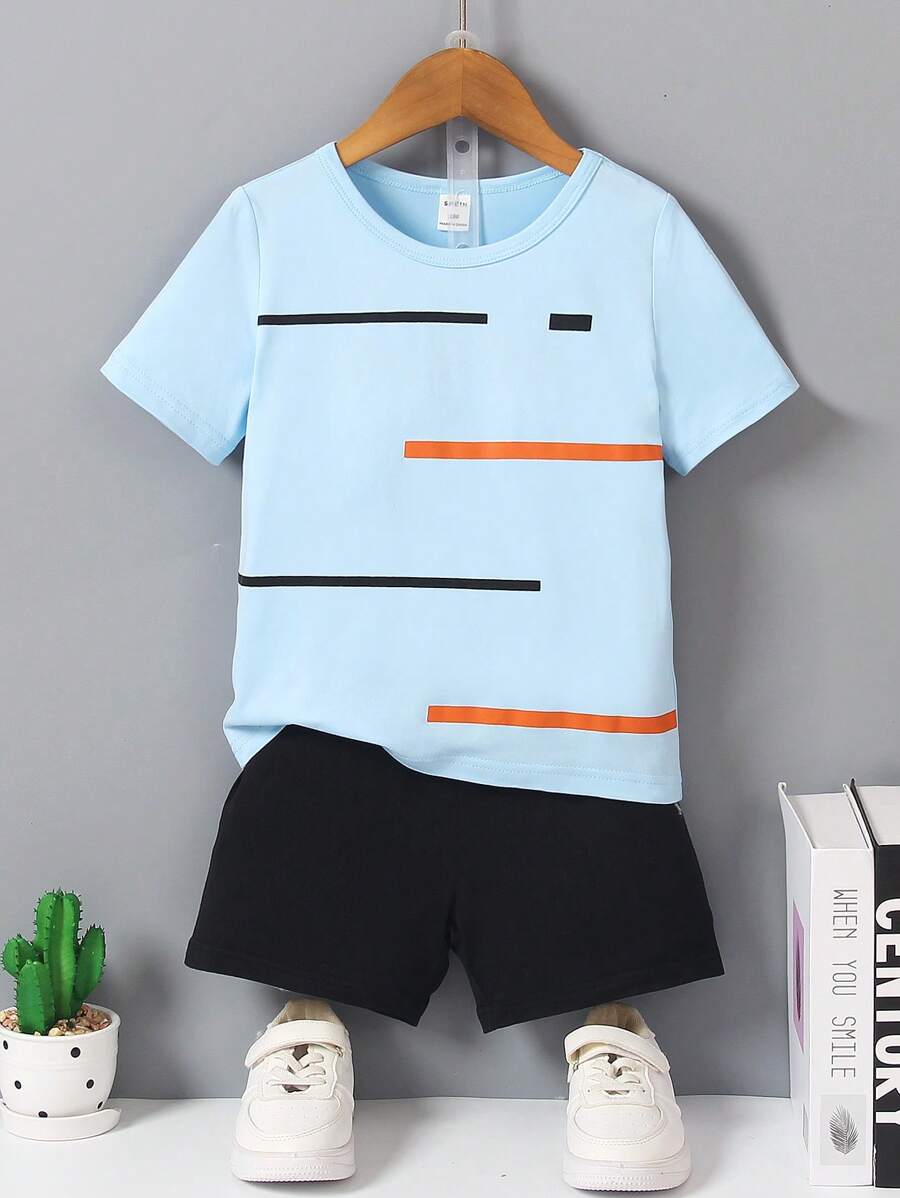 SHEIN Young Boy 2pcs Yellow Knitted Striped Print T-Shirt And Black Casual Knitted Sports Shorts Set For Summer