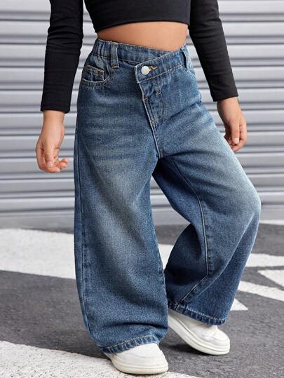 SHEIN Young Girl'Y2K Vintage Blue Denim Thermal Lined Asymmetrical Waist Loose Pants, Autumn/Winter,Cool/Girls Thanksgiving