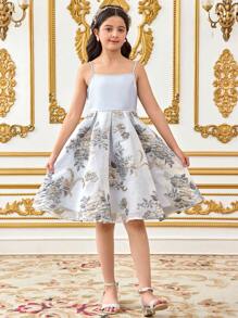 SHEIN 2pcs Set Tween Girls Elegant Jacquard Patchwork Stand Collar Slip Dress & Cover Up Outfit