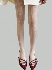 ROMWE Kawaii 白色花卉图案高弹力网眼连裤袜 - 白色 - 查看 3