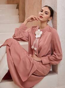 Graceveil Blouse à manches longues femme avec décor floral 3D et ourlet asymétrique de couleur unie - Vieux Rose - Voir 6