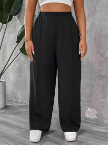 SHEIN PETITE CURVE Petite Plus Size Women's Solid Color Pleated Pants
