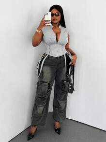 Maweii Plus Size Women Plain Short Zip Up Jacket - Grey - View 7