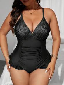 SHEIN Swim Curve Plus Size One Piece V-Neck Lace Patchwork Ruched Design Women Fashion Swimsuit For Summer Beach Vacation - Black - View 1