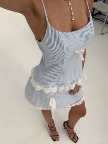 Aloruh Damen 2 Stücke Set mit Schleife, gestreiftem Camisole-Top und Minirock