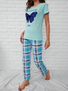 RueChic Butterfly And Plaid Print PJ Set - Multicolor - View 3