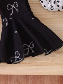 女婴 2024 夏季新款时尚别致幼儿黑色拼布白色蝴蝶结细节和小蝴蝶结点缀神秘喇叭裤 - 黑色 - 查看 3