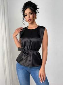 Chiquease 女式杏色收腰无袖衬衫，夏季 - 黑色 - 查看 3