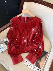 SHEIN Clasi Plus Size Luxury French Beaded Shirt - Red - View 1