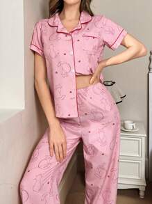 波尔卡圆点可爱猫咪印花翻领短袖睡衣套装 - 粉色 - 查看 3