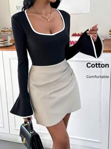 Firerie Contrast Trim Bell Sleeve T-shirt - Black - View 1