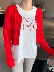 女士刺绣拼布撞色圆领宽松T恤，图案T恤 - 白色 - 查看 5