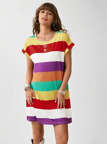 Wildy Colourblock Batwing Sleeve Tee Dress - Multicolor - View 2