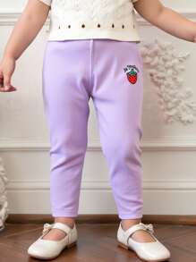 4 件套婴儿/女婴罗纹草莓字母刺绣松紧腰舒适休闲裤，适合居家和户外，春夏秋季 - 彩色 - 查看 8