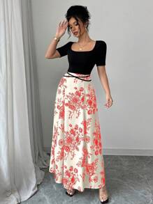 Rafferiza Vestido mini elegante y entallado con estilo qipao para mujeres, cuello cuadrado, manga corta, lazo en la cintura, estampado chino - Albaricoque - Ver 4