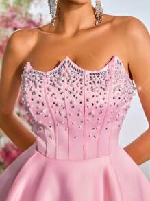 Lovelzi Elegant, Romantic, Dignified, Summer, Pink, Satin, Hot Rhinestone, Computer-Made Beads, Faux Pearls, Fishbone Waist, A-Line, Back Straps, Festival, Music Festival, Vacation, Date, Wedding Event, Dance, Cocktail Dress, Party Dress, Wedding Guest Dress, Prom Dress,Graduation,Graduation Dresses For Women,Back To School Dress - Pink - View 5