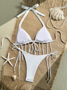 Swim SXY Springbreak Women Solid Color Ribbed Fringed Trim Bikini Set For Summer Beach Vacation - White - View 4