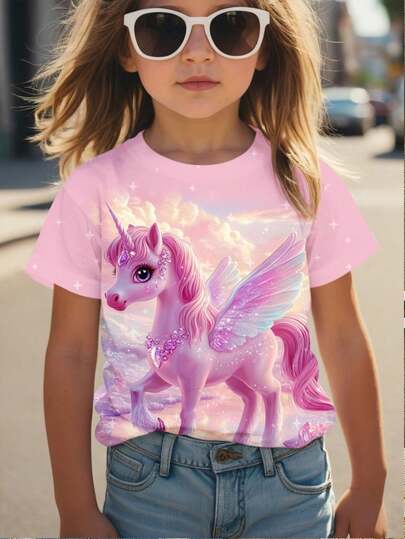 SHEIN Cute Pink Lovely Unicorn Print Young Girl Casual Simple Round Neck Short Sleeve T-Shirt, Suitable For Summer